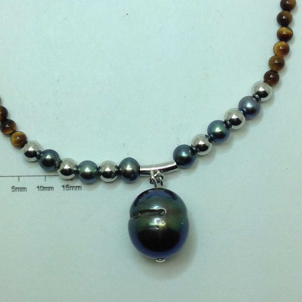 Tiger-Eye Beads And Black Freshwater Pearl Necklace.
